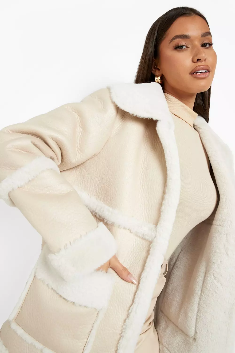 Cream boucle faux fur aviator sale jacket